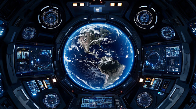 View of Earth from a futuristic spacecraft cockpit with advanced control panels and digital displays