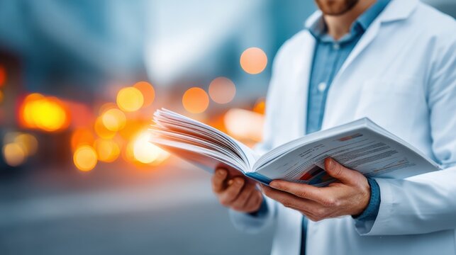 A person in a white lab coat reads a medical or scientific book, with a blurred city background and warm bokeh lights. - Powered by Adobe