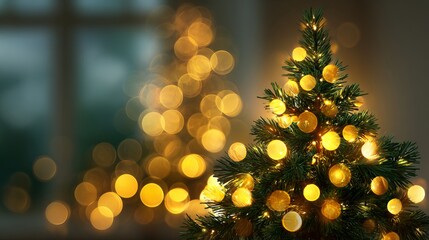 Dreamy Christmas tree bokeh background with glowing green yellow and golden light orbs festive defocused holiday illumination abstract blur for greeting cards banners web headers and mockups