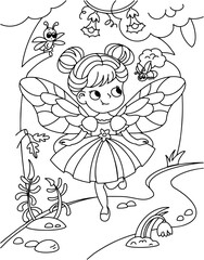 Fairy with wings walks through forest against backdrop of trees. Black and white outline vector illustration.