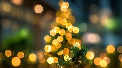 Dreamy Christmas tree bokeh background with glowing green yellow and golden light orbs festive defocused holiday illumination abstract blur for greeting cards banners web headers and mockups