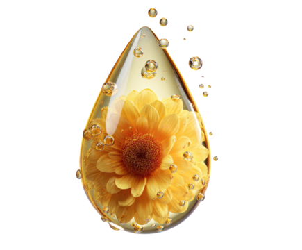 Yellow flower encased in a clear oil drop, bubbles - Powered by Adobe