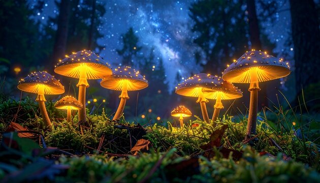 Goofy glowing mushrooms pop up in a forest clearing, winking with bioluminescent spots under a starry sky. 