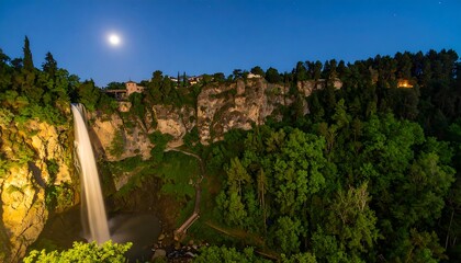 Waterfall at night under a full moon