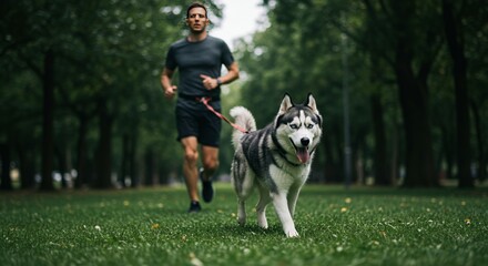 Man jogging with Siberian Husky dog on leash in a lush green park during daytime nature setting with trees and grass background