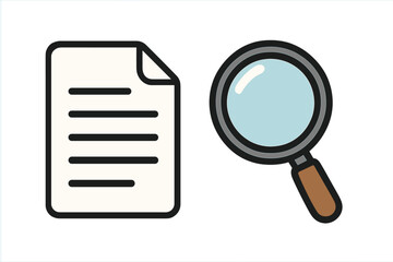 Document icon with magnifying glass. Search and analysis concept. Business data review, audit, and inspection. Researching information. File investigation, contract check.