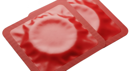 Two red packaged condoms ready for use isolated on transparent background