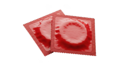 Two red condom packets showing their rolled contents isolated on transparent background
