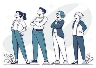 Group of diverse professionals standing confidently looking up with arms crossed in a vector illustration created with generated ai