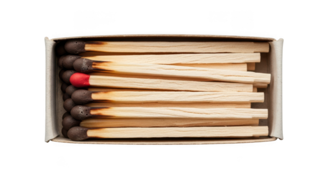 A box of wooden matches with red tips isolated on transparent background