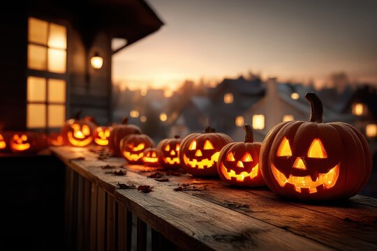Isolated glowing Halloween pumpkins on transparent background, autumn decor
