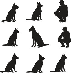 Dog and human silhouette, sitting posture, squatting figure, black vector, animal behavior, pet training, German Shepherd, pose comparison, grid layout