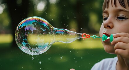 Young boy blowing a large colorful soap bubble outdoors in a park during daytime with green trees in the background and sunlight shining through the leaves