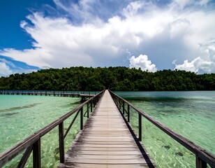 Fototapeta premium Wooden walkway across turquoise water to tropical island