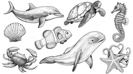 Kolorowanki dla dzieci – Zwierzęta morskie: delfin, żółw, rekin, krab, meduza i inne stworzenia oceanu do druku
