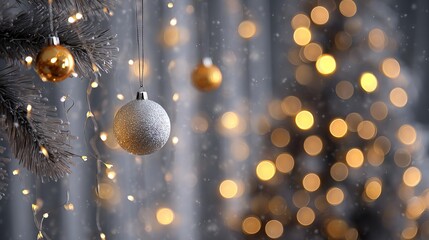Dreamy Christmas tree with glowing string lights and red gold bauble ornaments in cozy home interior soft bokeh background festive winter holiday backdrop for greeting cards banners web headers