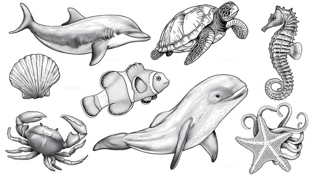 Kolorowanki dla dzieci &ndash; Zwierzęta morskie: delfin, ż&oacute;łw, rekin, krab, meduza i inne stworzenia oceanu do druku