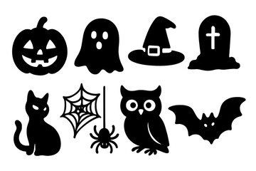 Halloween icon set in silhouette style. Spooky vector graphic collection with black cat, pumpkin, ghost, witch hat, bat, owl, spider, and tombstone for autumn holiday design.