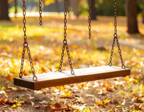 Swing set suspended by chains hangs over a ground of autumn leaves. The background is blurred foliage in warm autumn colors