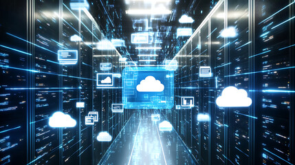 Digital server corridor with cloud computing icons and data streams in a futuristic data center