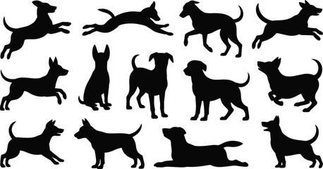 Dog silhouette set, canine poses, running, jumping, sitting, standing, lying down, black vector, pet icon, animal movement