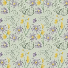 Colorful viola pansy flower meadow seamless pattern. Cute Garden wild Plant background for fashion, wallpapers, print. Many different flowers on the field. Liberty style millefleurs