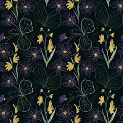 Colorful viola pansy flower meadow seamless pattern. Cute Garden wild Plant background for fashion, wallpapers, print. Many different flowers on the field. Liberty style millefleurs