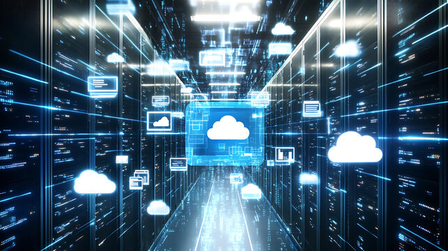 Digital server corridor with cloud computing icons and data streams in a futuristic data center - Powered by Adobe