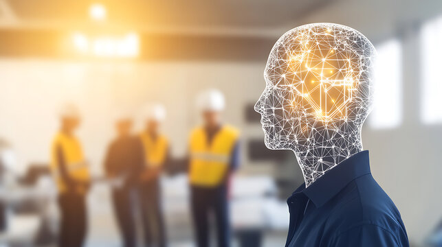 Digital human head with neural network overlay in industrial setting, workers in background - Powered by Adobe