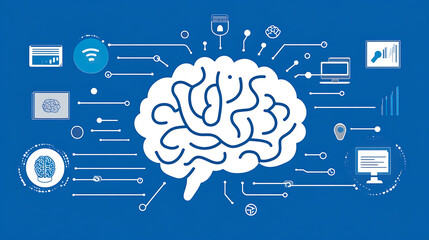 Illustration of a human brain connected to various technology and data symbols representing artificial intelligence and cognitive computing