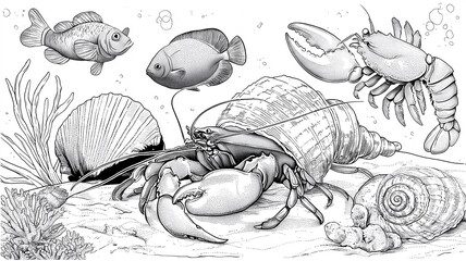 Kolorowanki dla dzieci – Zwierzęta morskie: delfin, żółw, rekin, krab, meduza i inne stworzenia oceanu do druku