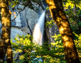 Waterfall cascading down a rock face, framed by trees