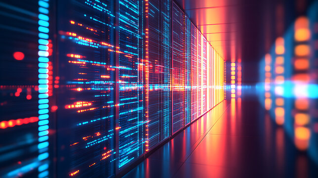 Neon-lit server room with glowing data streams and reflective floor - Powered by Adobe