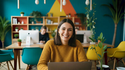 A vibrant and modern office space showcases a smiling woman engrossed in her work, embodying the essence of contemporary office life.