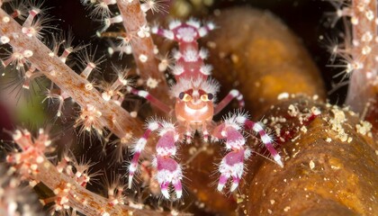 Small pink shrimp amidst coral