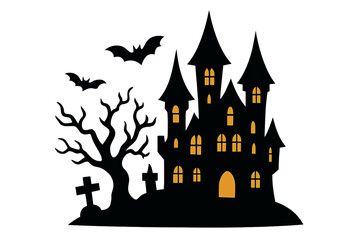 Haunted house silhouette. Spooky castle for Halloween. Gothic horror landscape with scary tree, bats and cemetery. Dark night mystery vector. Dracula palace illustration.