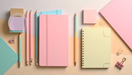 A creative workspace concept featuring an organized flat lay of pastel colored stationery, notebooks, and writing tools on a neutral background