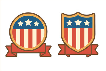 USA patriotic badge set. American flag emblem with stars and stripes. Retro shield and circle symbol with blank ribbon banner for 4th of July, Memorial Day, and elections.