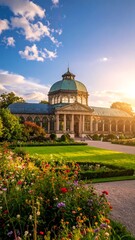 Scenic garden with grand building at sunset