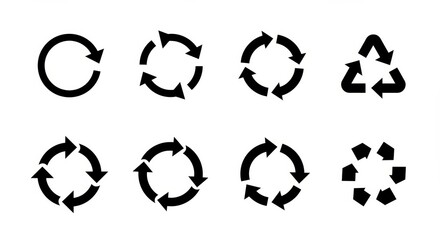 A set of six black vector circular arrow icons on white.