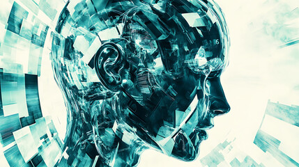 Digital human head composed of geometric fragments and data elements, representing artificial intelligence and technology integration