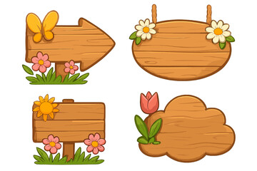Set of cute cartoon wooden signs. Blank spring and summer vector collection of empty wood signboards, banners, and pointers with flowers, butterfly, tulip for game UI.