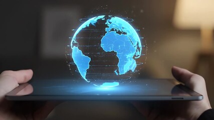 Animated digital earth hologram projection on tablet screen showcasing global connectivity and modern technology integration creating a visually - Powered by Adobe