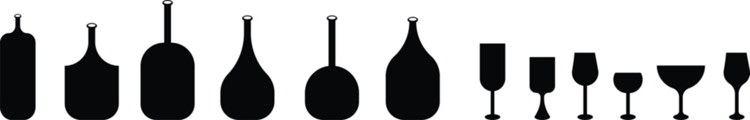 Wine bottle and glass icon set collection group in black flat style, alcohol beverage liquor drink pack, bar pub celebration symbol bundle, silhouette outline illustration, isolated on transparent bac