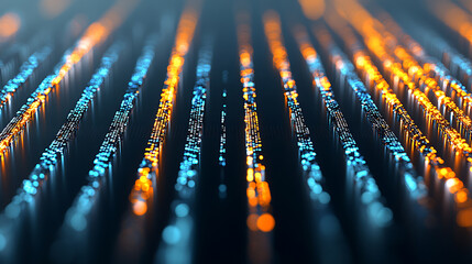 Abstract digital data streams with glowing blue and orange light patterns on a dark background