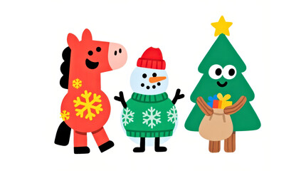 Naklejka premium Festive Cartoon Friends: Horse, Snowman, and Christmas Tree Celebrate the Holiday Season Together. Christmas or New Year concept