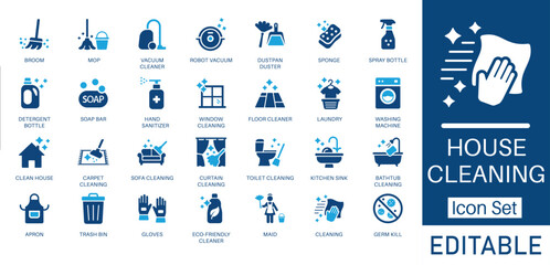 House cleaning icon set. Includes symbols for broom, mop, vacuum cleaner, and cleaning service. Solid vector icons for hygiene, sanitation, and disinfection.