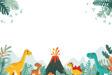 Colorful Dinosaur Cartoon with Volcano Background