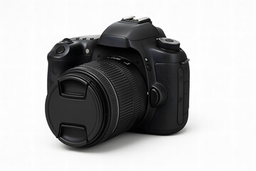 Professional DSLR camera with lens cap isolated on white background