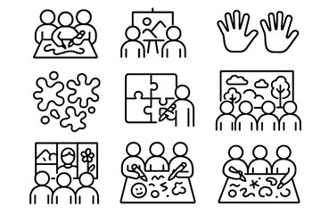 Collaborative Art Icons. Outline icon set of Collaborative artwork: group sketch, shared canvas, joined